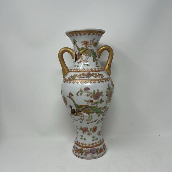 12.5" Vintage VTG Chinese Peacock Bird Vase Marked - Picture 4 of 13